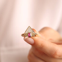 14 Ayar Altın Ruby Yüzük Özel Tasarım Triangle - Thumbnail