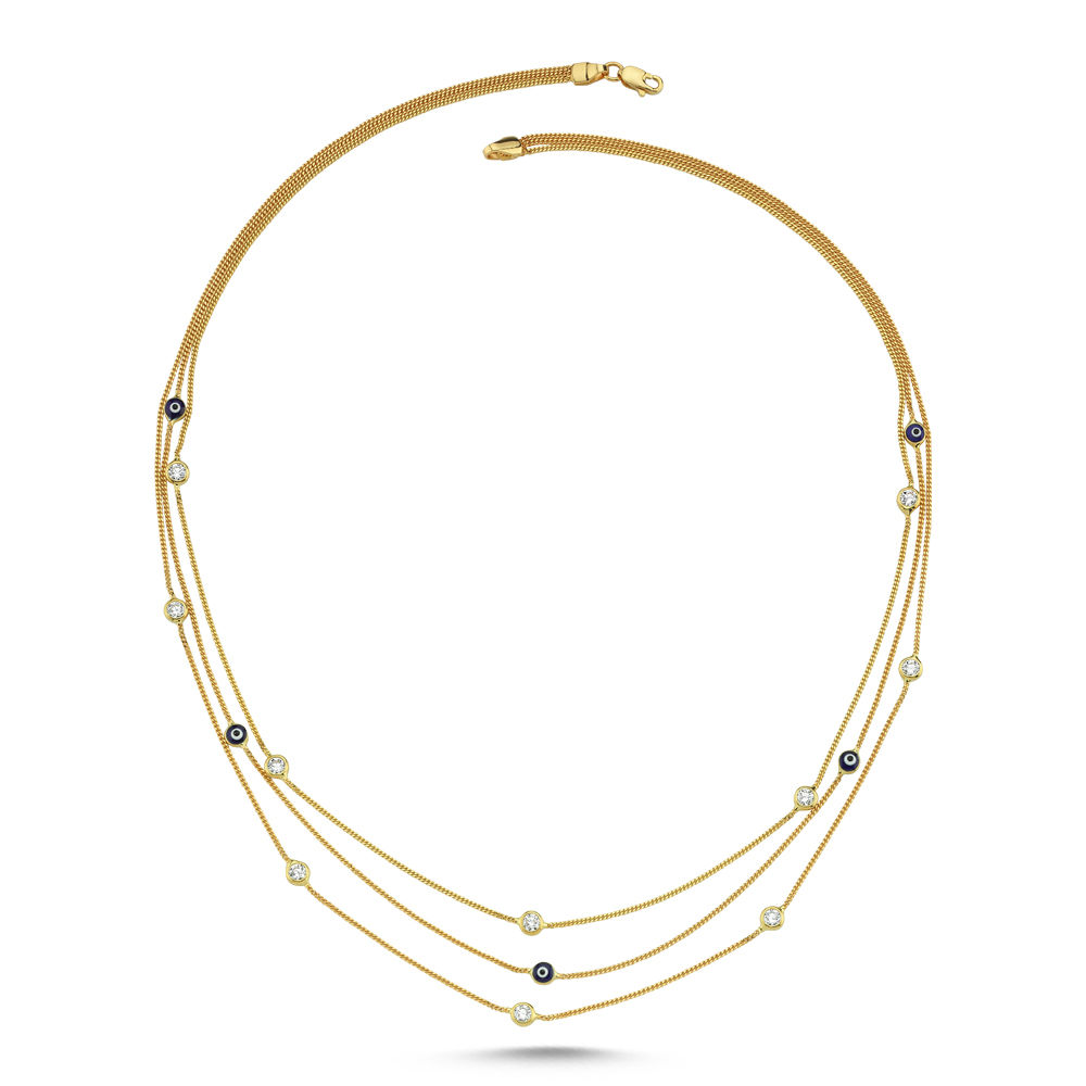 Tiffany Üç Zincirli Altın Nazarlı Kolye 14K Gold - 1